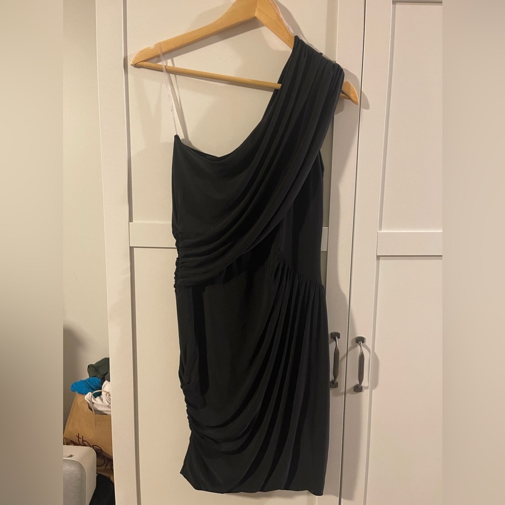 One shoulder black side pleated dress